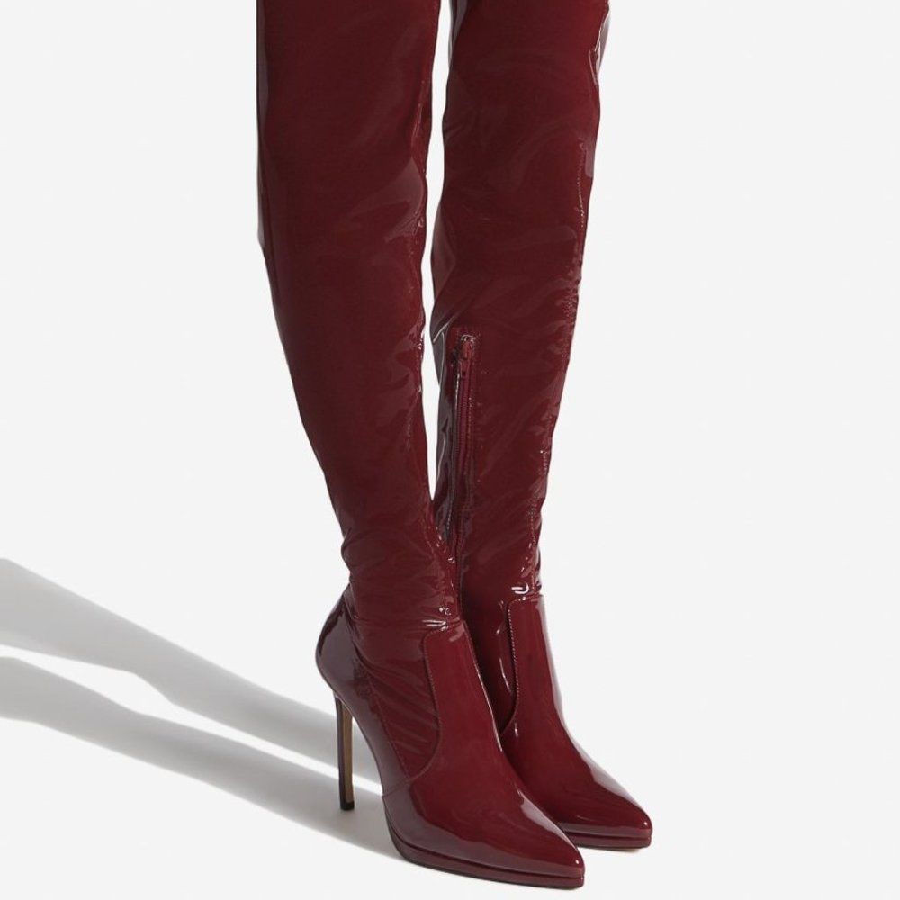 Shoe Dazzle Burgundy Patent Over-the-Knee Stiletto Boots - Picture 3 of 8